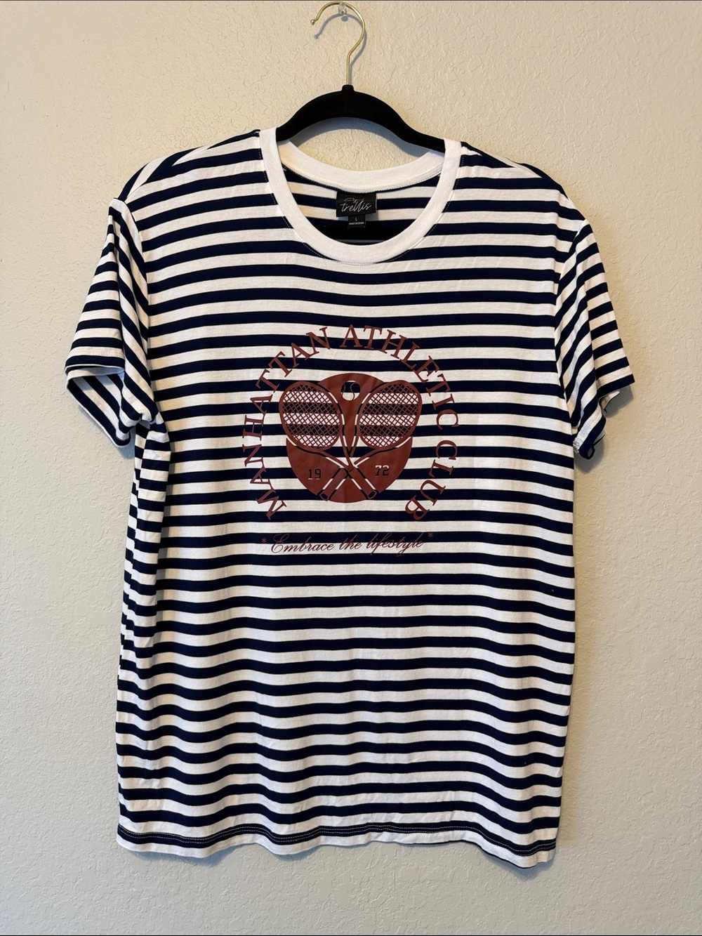 Oak and trellis Navy & White Striped Short Sleeve Tee with Athletic Graphic